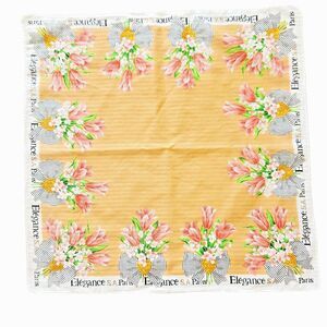 SA Paris Elegance Scarf Handkerchief Floral Square Hanky VTG Orange Tulips Check